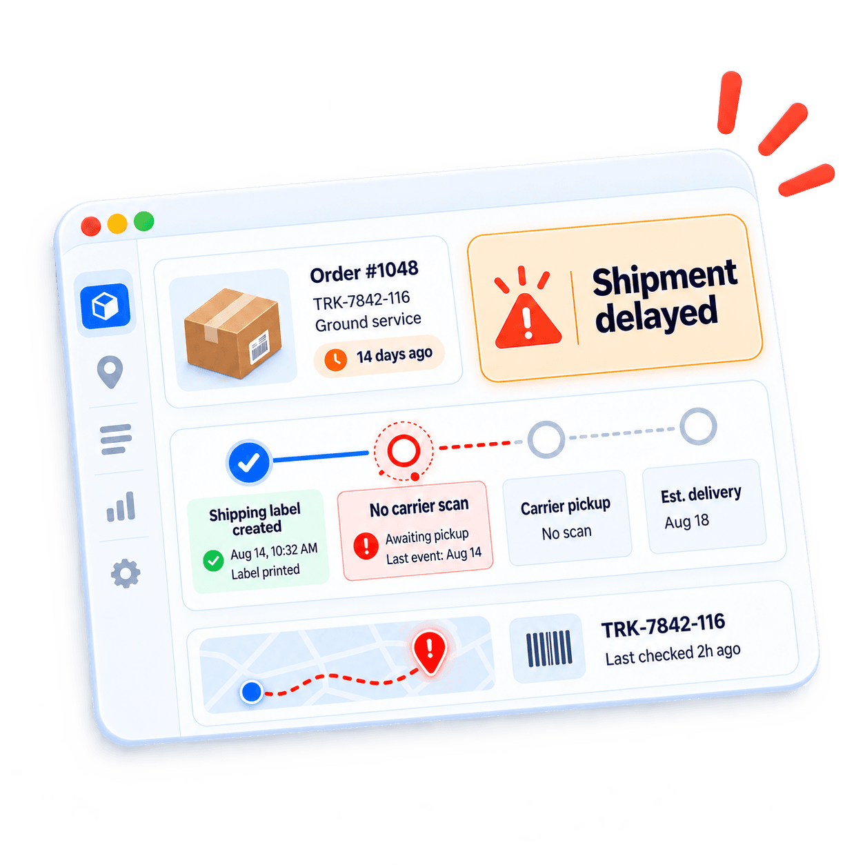 Carrier dashboard showing a shipment delayed after shipping label creation