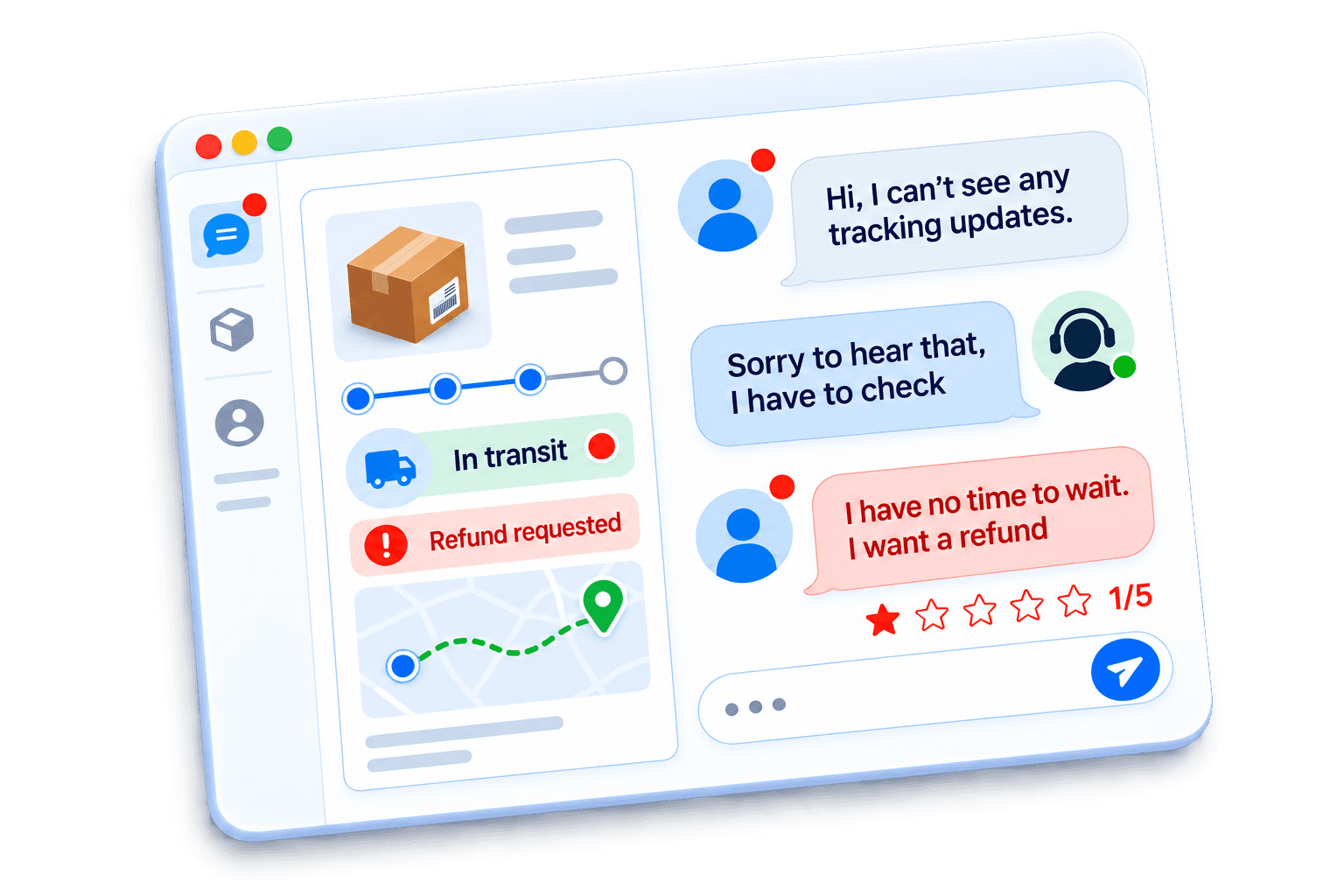 Customer chat continuing with a refund request and a one-star rating